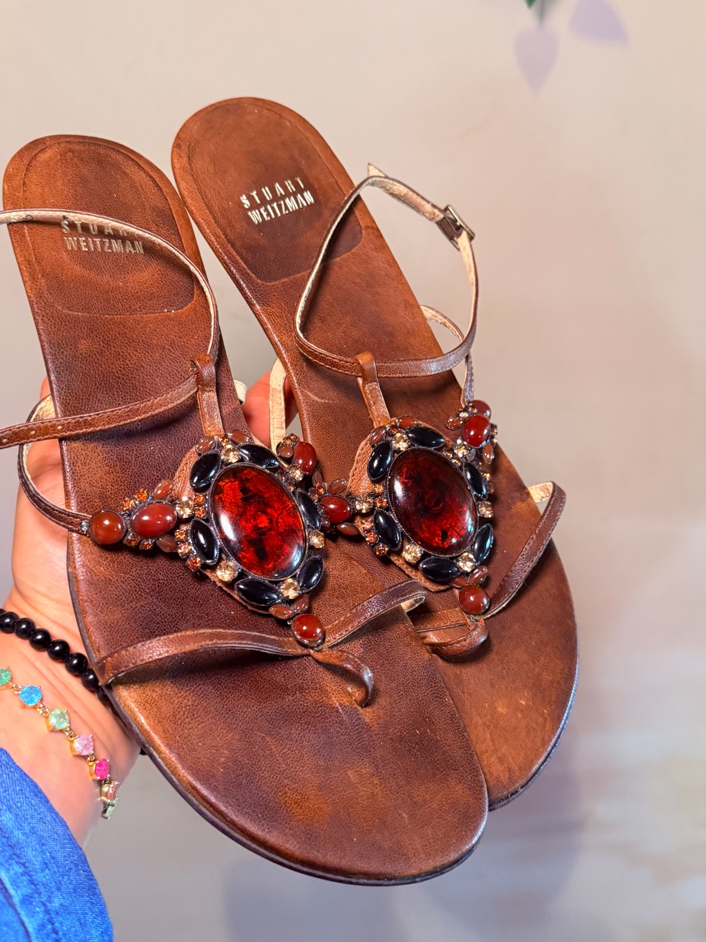 Stuart Weitzman Brown Leather Sandals With Red Gem Accents